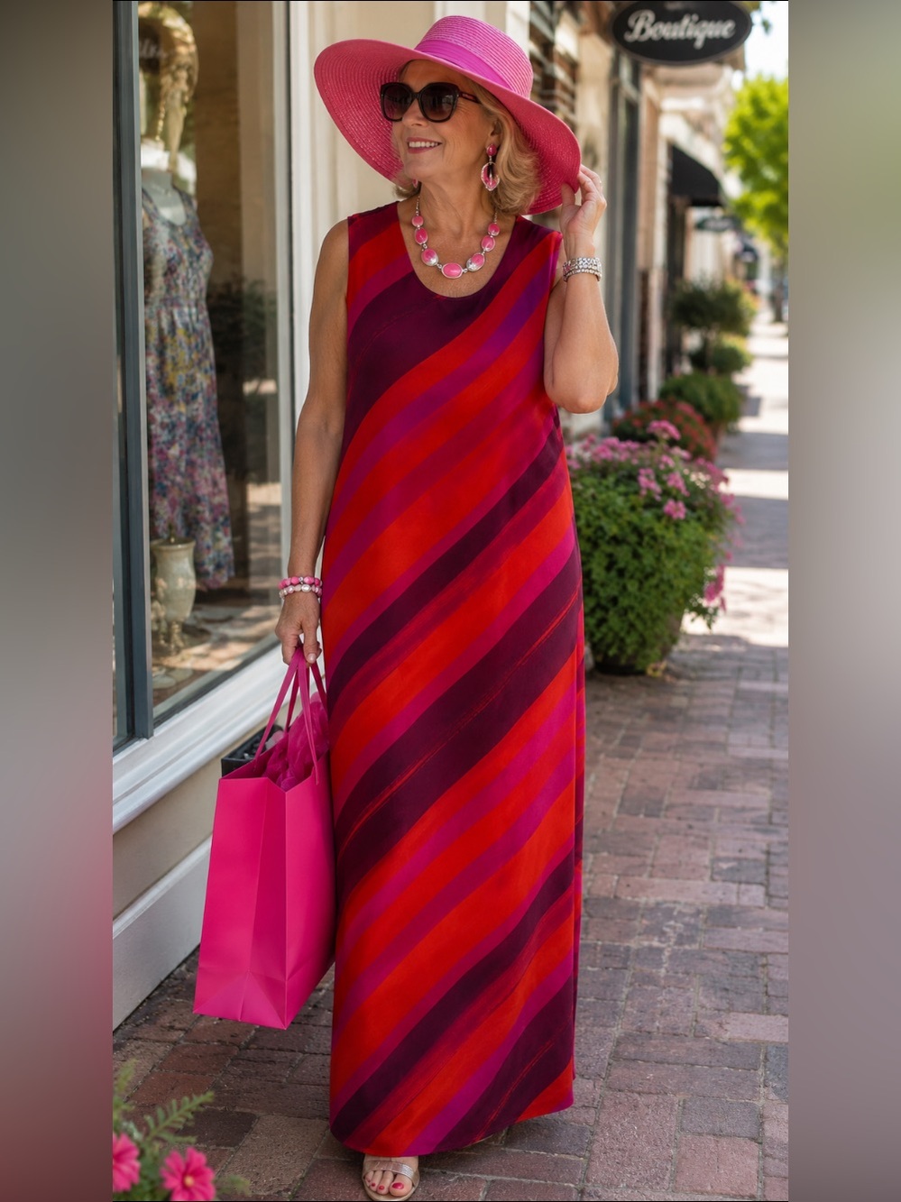 Avenue Sleeveless Diagonal Stripe Maxi Dress in Red & Pink